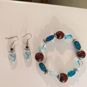 set of earrings and bracelet in shades of aqua blue, brown embellished b…
